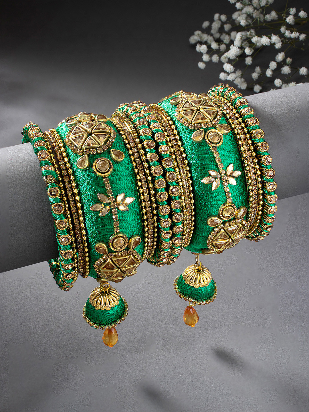 Peora Women Set of 10 Green & Gold-Toned Silk Thread & Stone Studded Chuda Bangles
