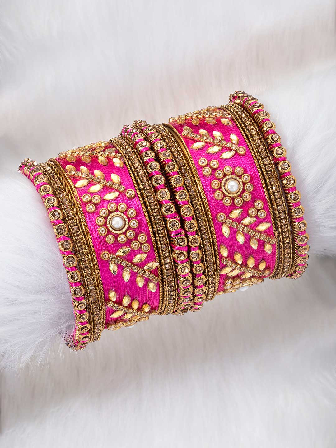 Peora Set of 10 Pink & Gold-Plated Silk Thread Handcrafted Kundan Bridal Bangles