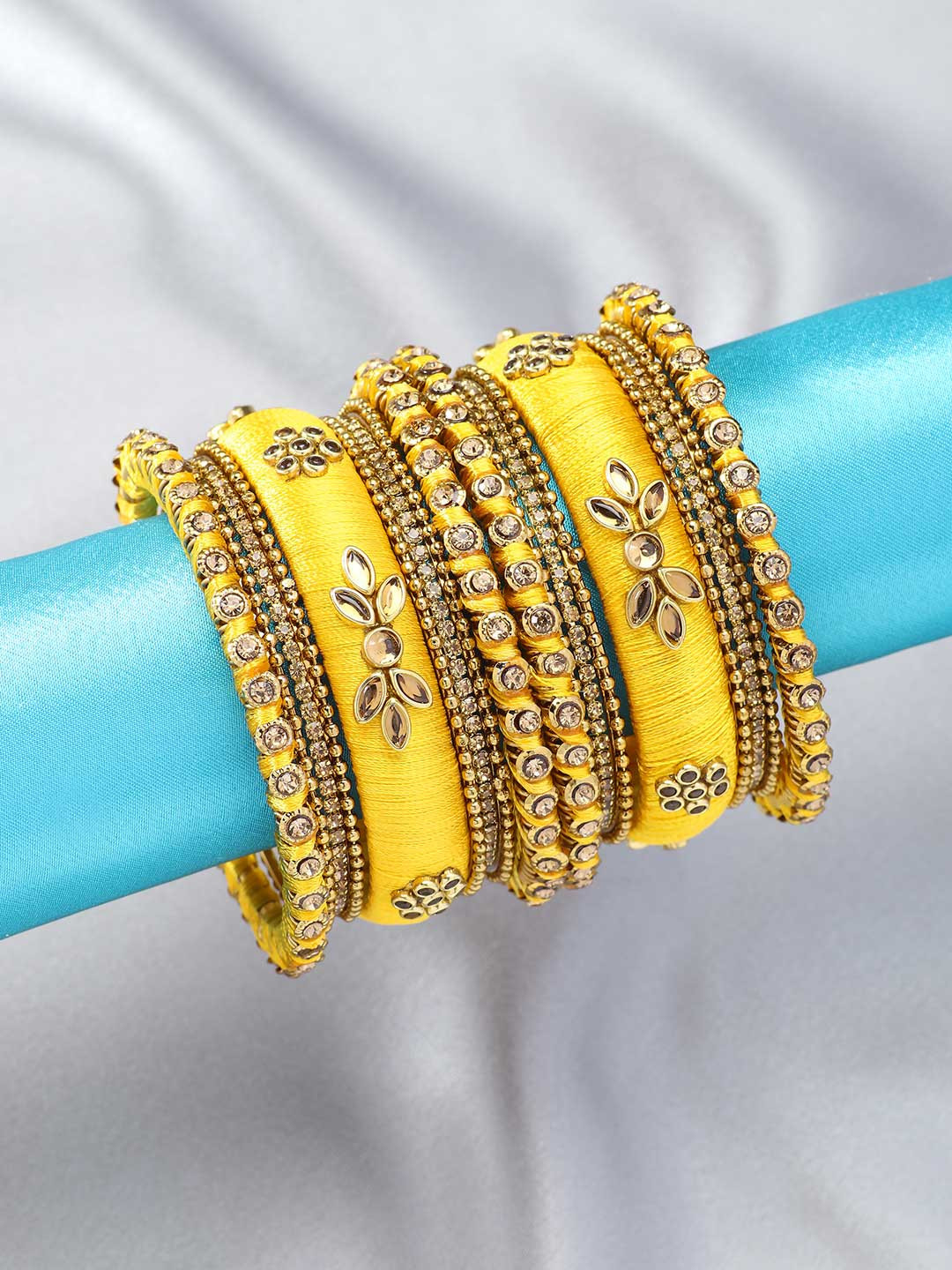 Peora Set Of 10 Yellow & Gold-Plated Silk Thread Handcrafted Chuda Bangle Set