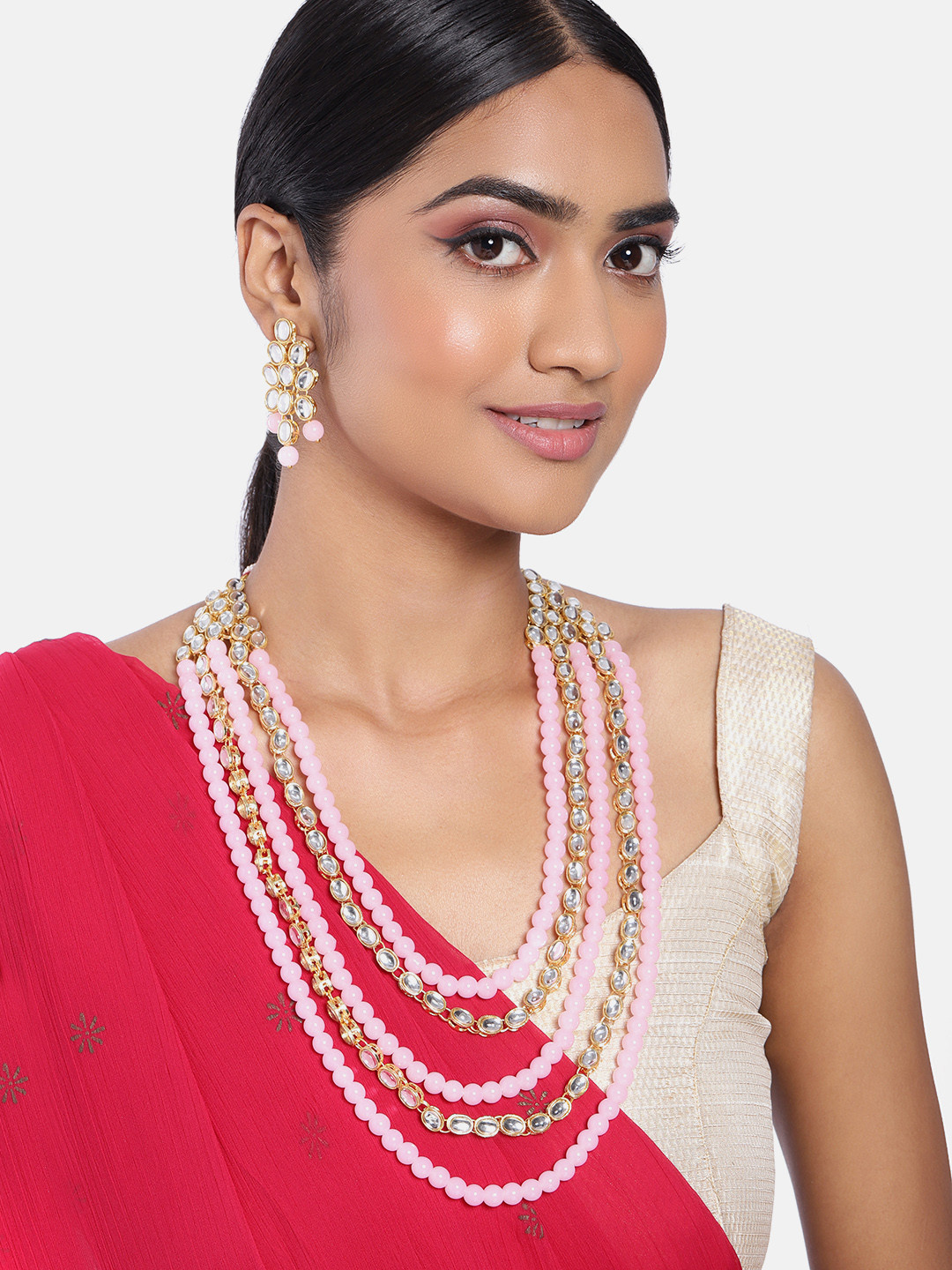 Peora Pink & Gold-Plated Beaded Multi-Strand Long Traditional Jewellery Set