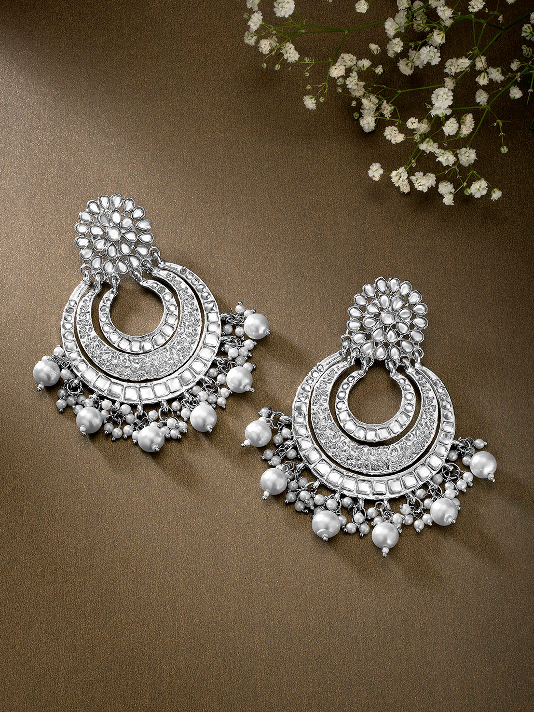 Peora Women Silver-Toned Crescent Shaped Chandbalis Earrings