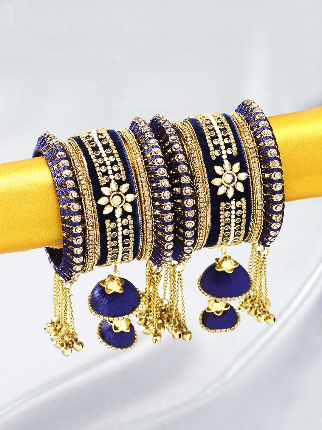 Peora Set Of 10 Navy Blue & Gold-Plated Designer Silk Thread Bridal Chuda Bangles