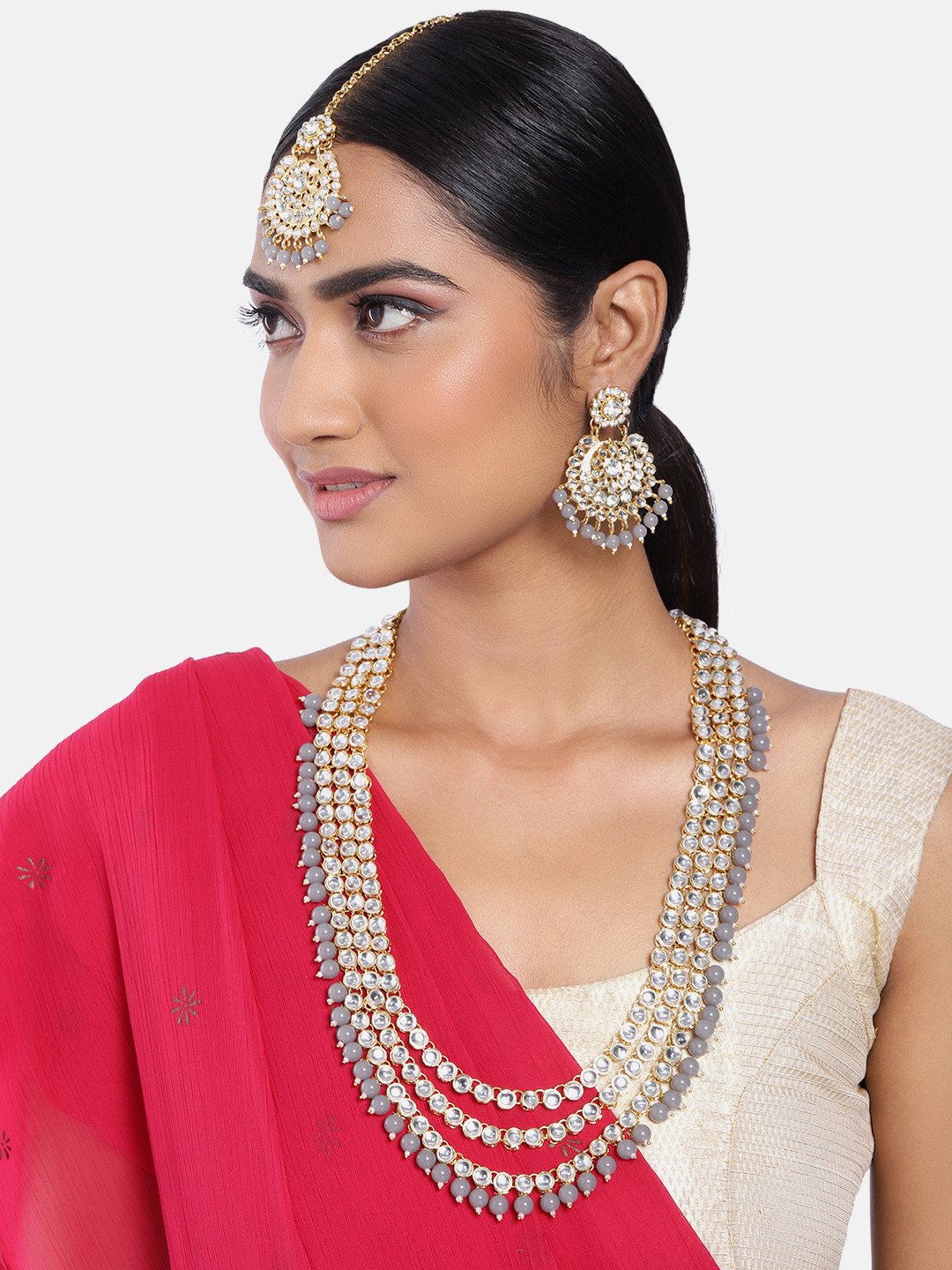 Peora Grey & Gold-Plated Kundan Studded Multi-Strand Long Traditional Jewellery Set