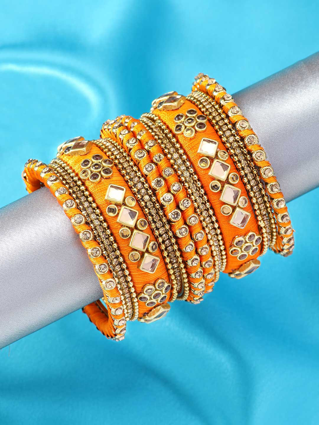 Peora Women Set of 10 Orange Silk Threaded & Stone Studded Chuda Bangles