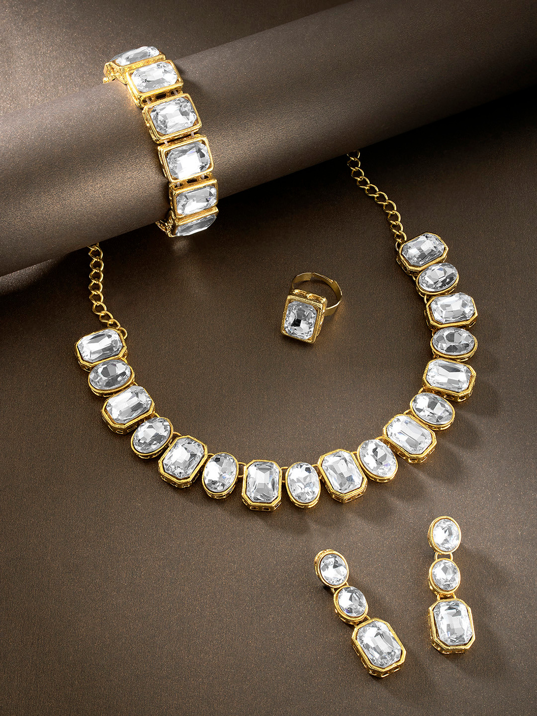 Peora White & Gold Plated Crystal Studded Handcrafted Jewellery Set
