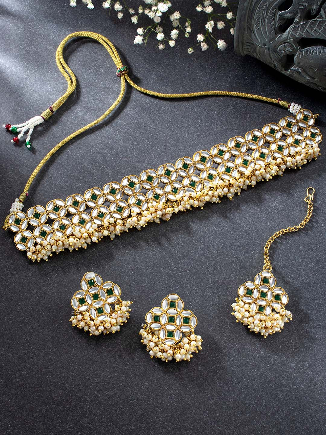 Peora Mint Green & White Gold-Plated Kundan Embellished Handcrafted Jewellery Set