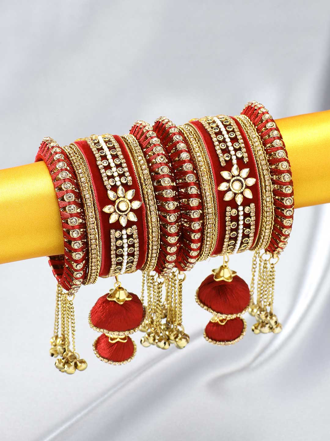 Peora Set Of 10 Gold-Toned & Maroon Designer Silk Thread Bridal Wedding Bangles