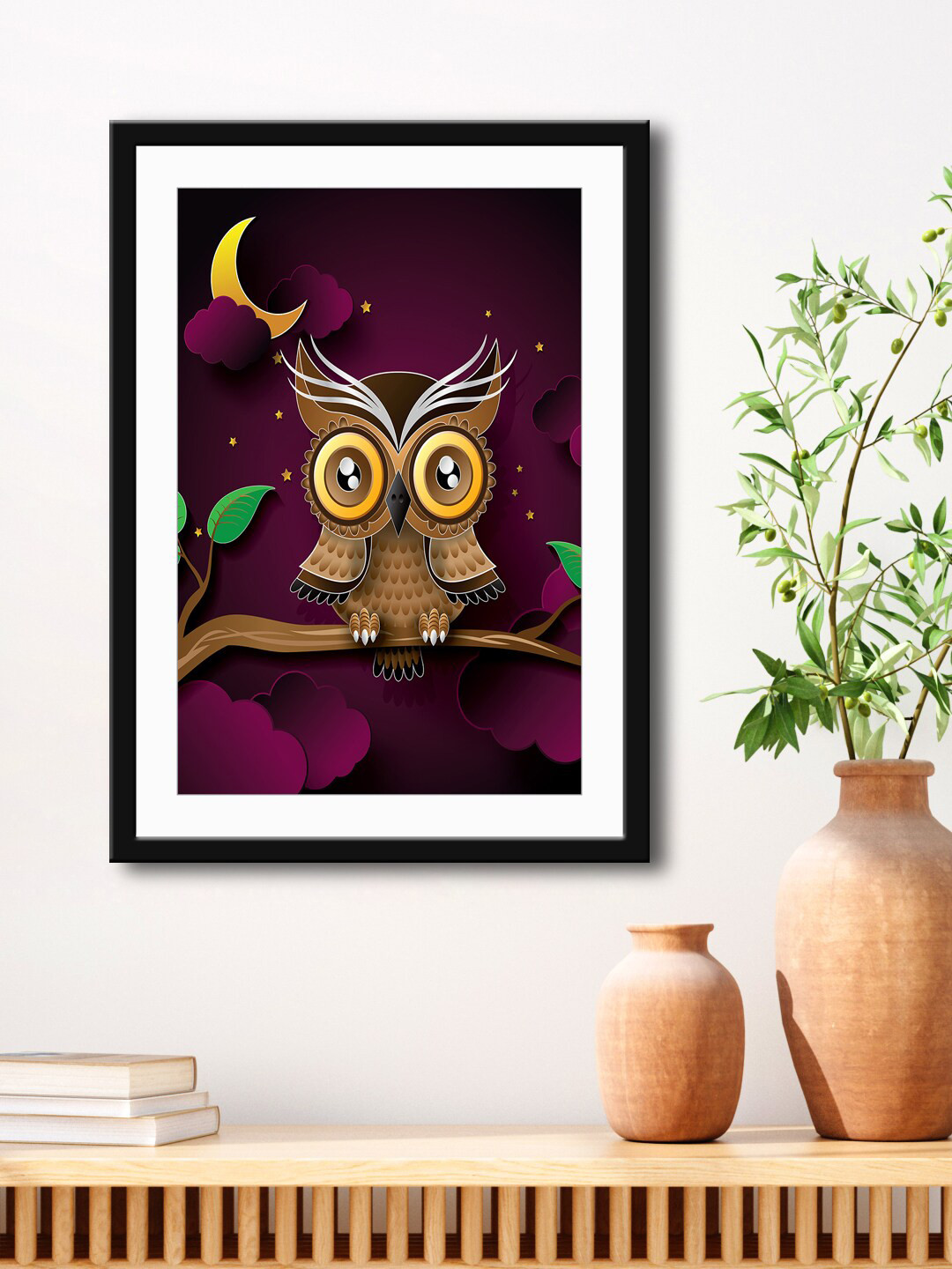 999Store Purple & Brown Owl Painting Printed Framed Wall Art