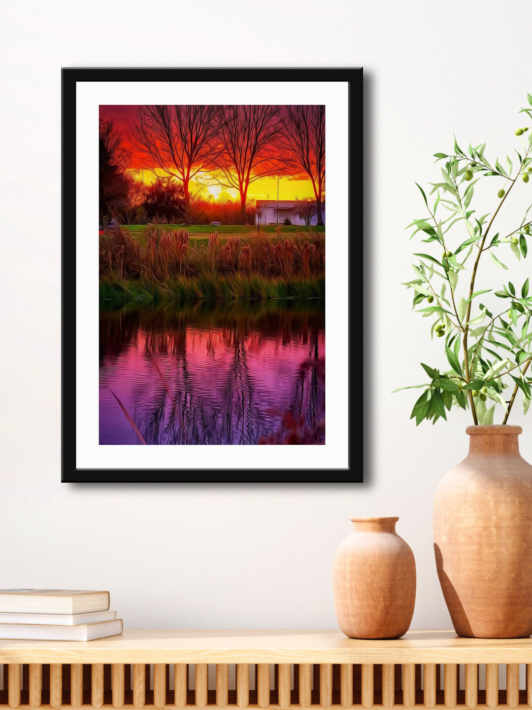 999Store Pink & Red River View Painting Printed Framed Wall Art