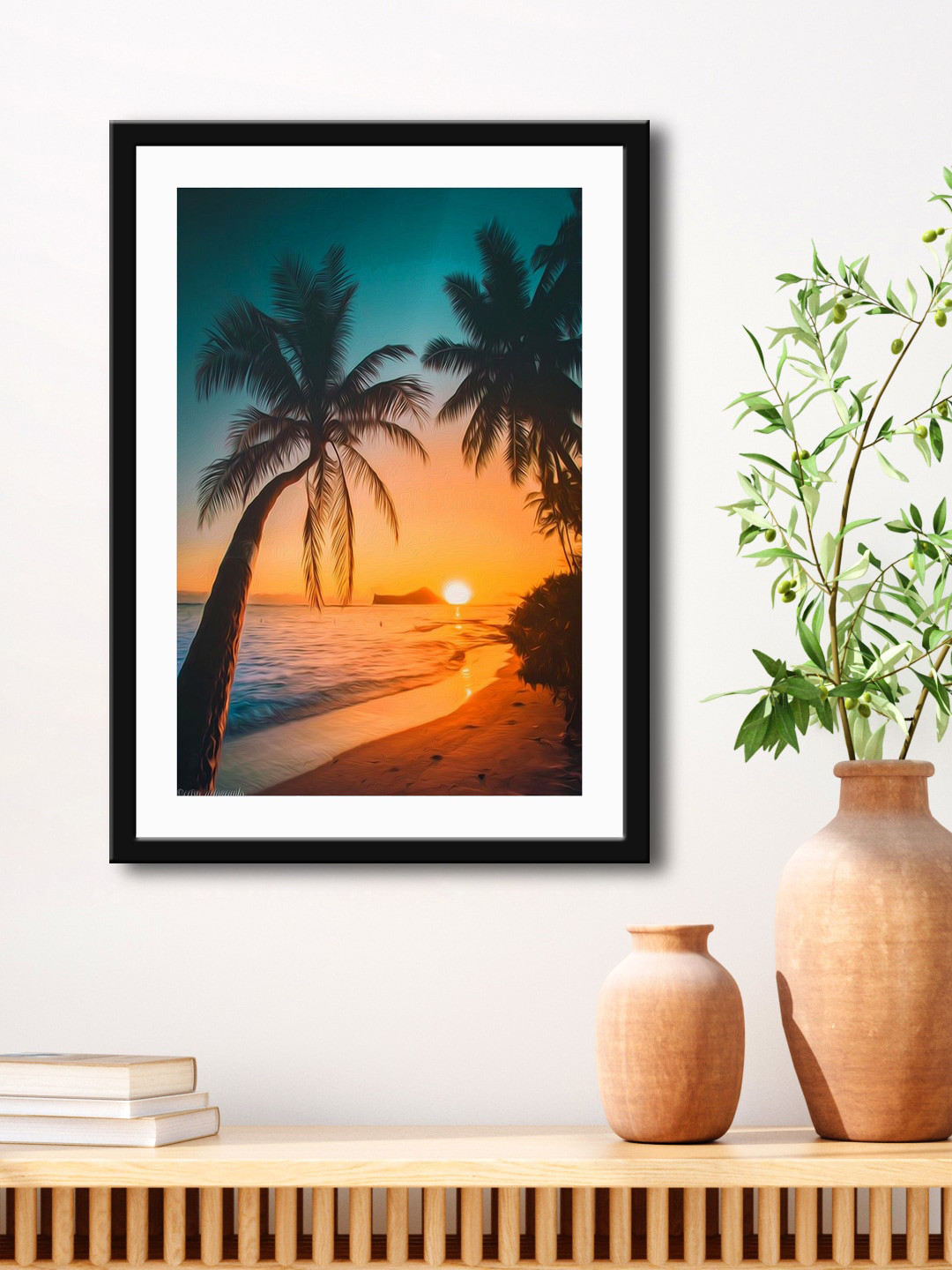 999Store Brown & Black Beach View With Sunset HD Printed Framed Wall Art