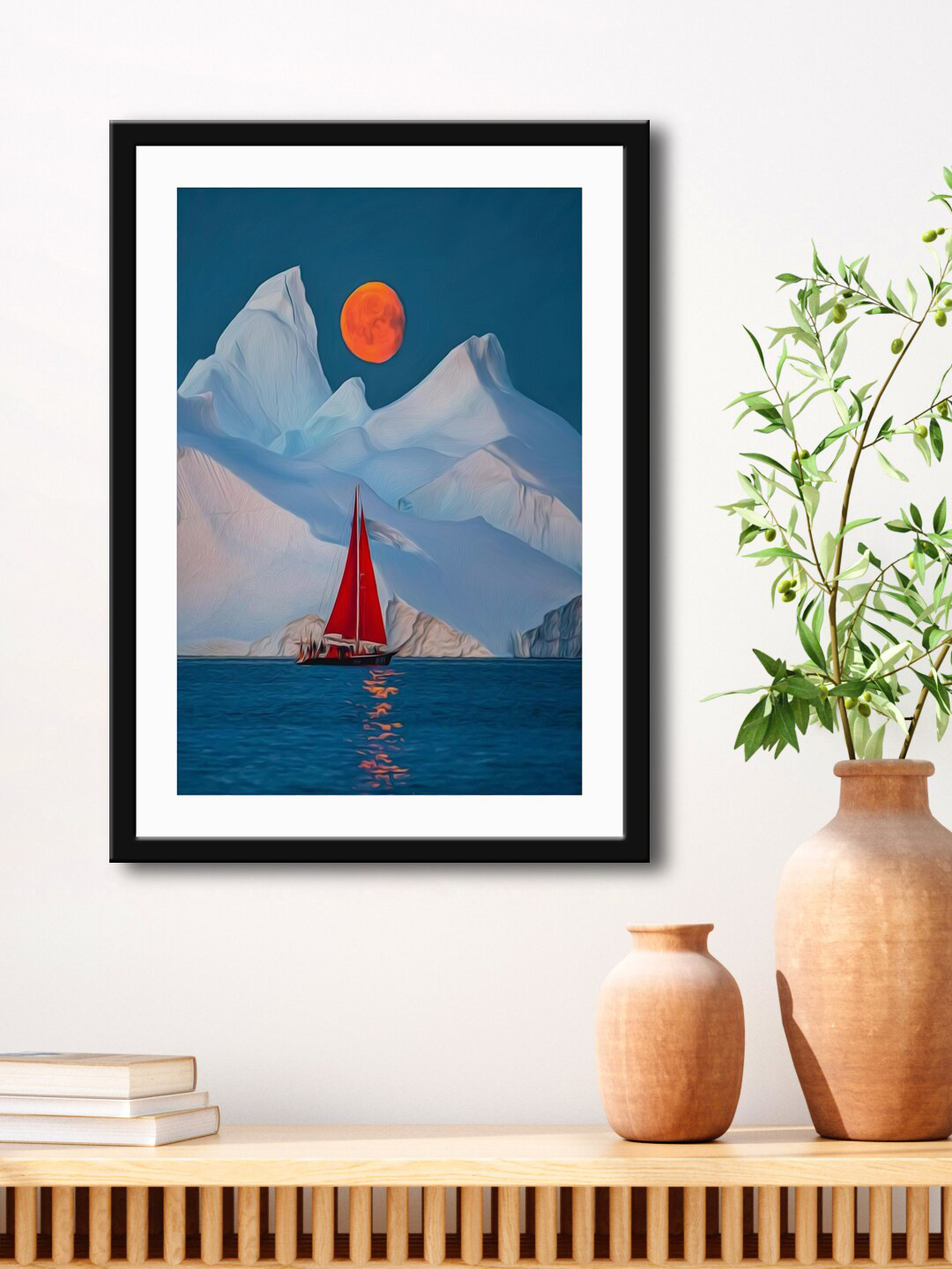 999Store Blue & Orange Mountain River With Boat Framed Printed Paper Painting