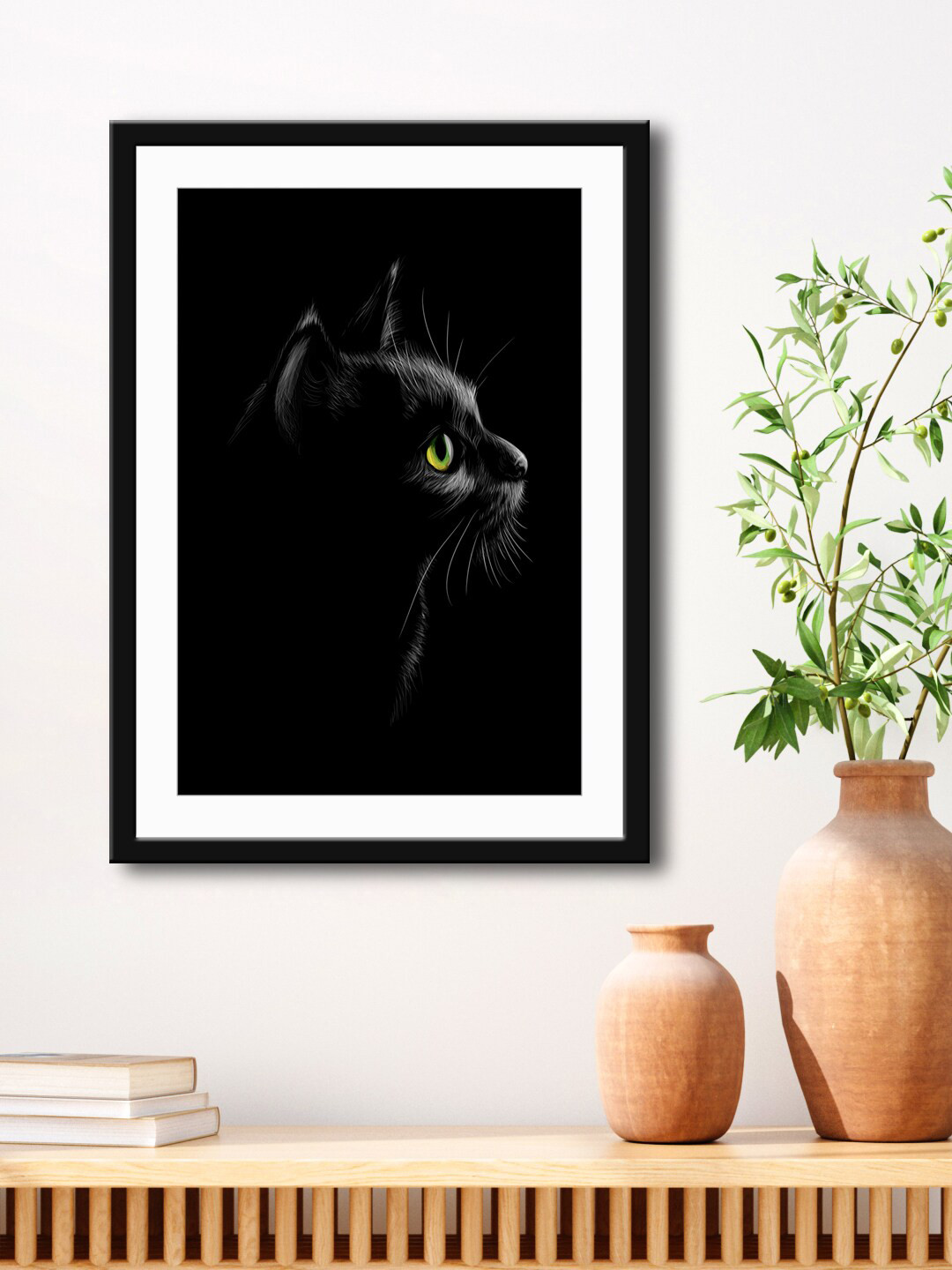 999Store Black & White Black Cat Painting Printed Framed Wall Art