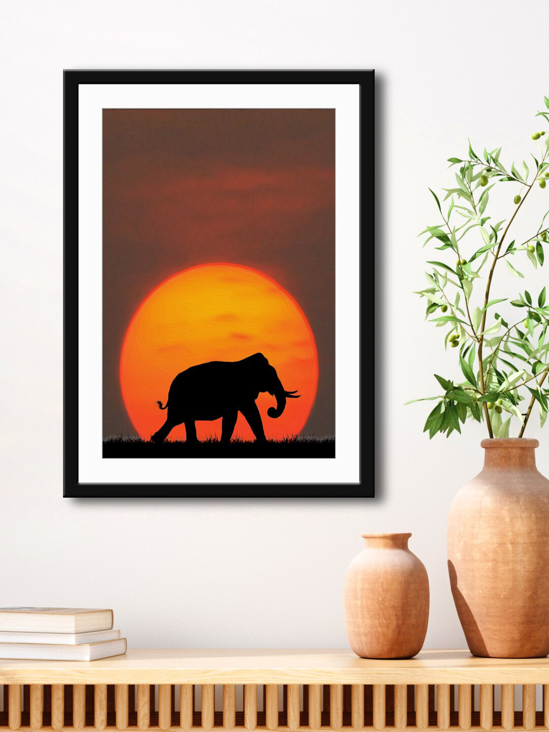 999Store Brown & Orange Elephant Sunrise Painting Printed Framed Wall Art