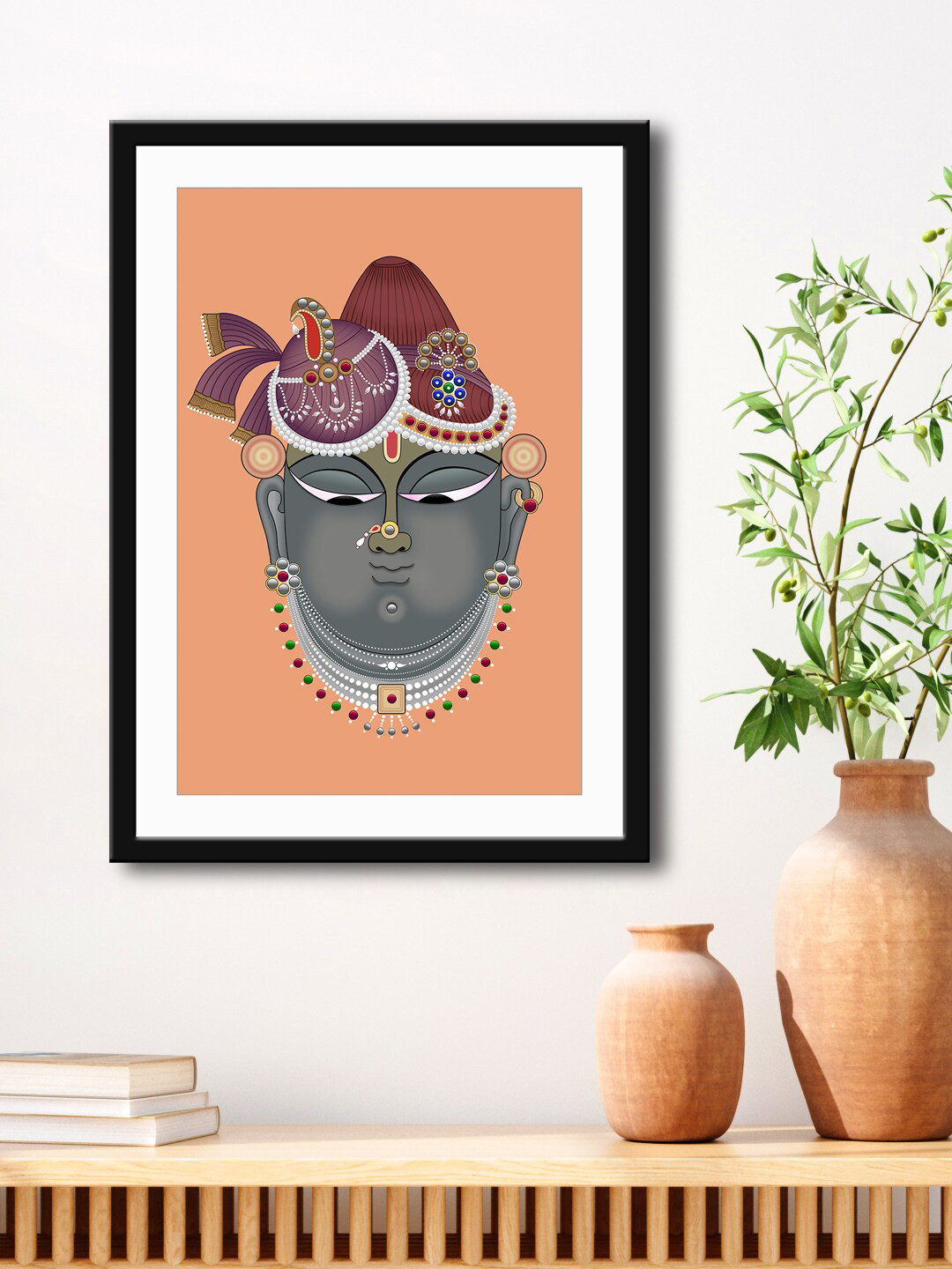 999Store Peach & Grey Krishna Face Framed Printed Paper Painting