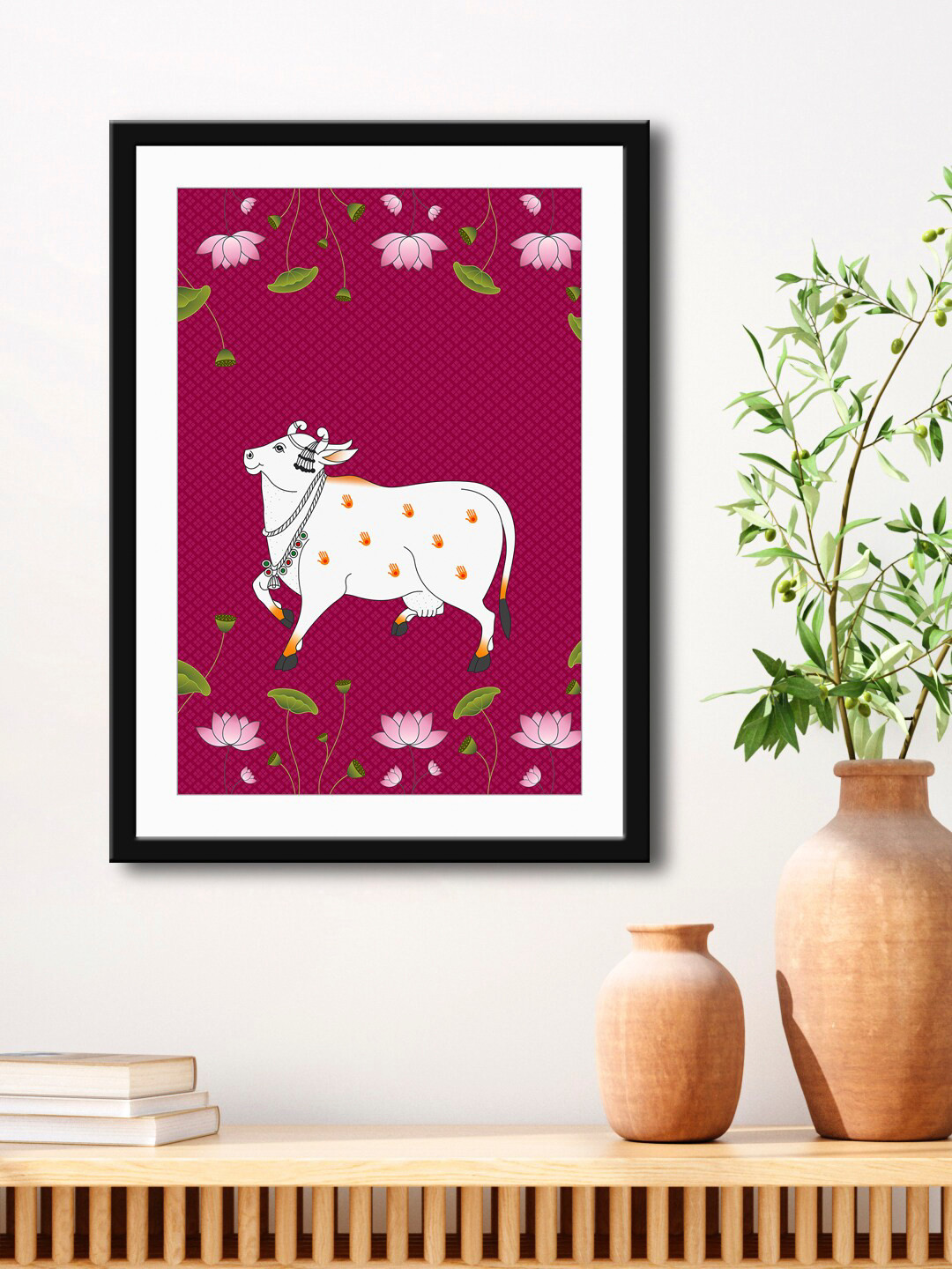 999Store Magenta-Pink & White Nandi Cow Stylish Modern Art Painting Printed Framed Wall Art