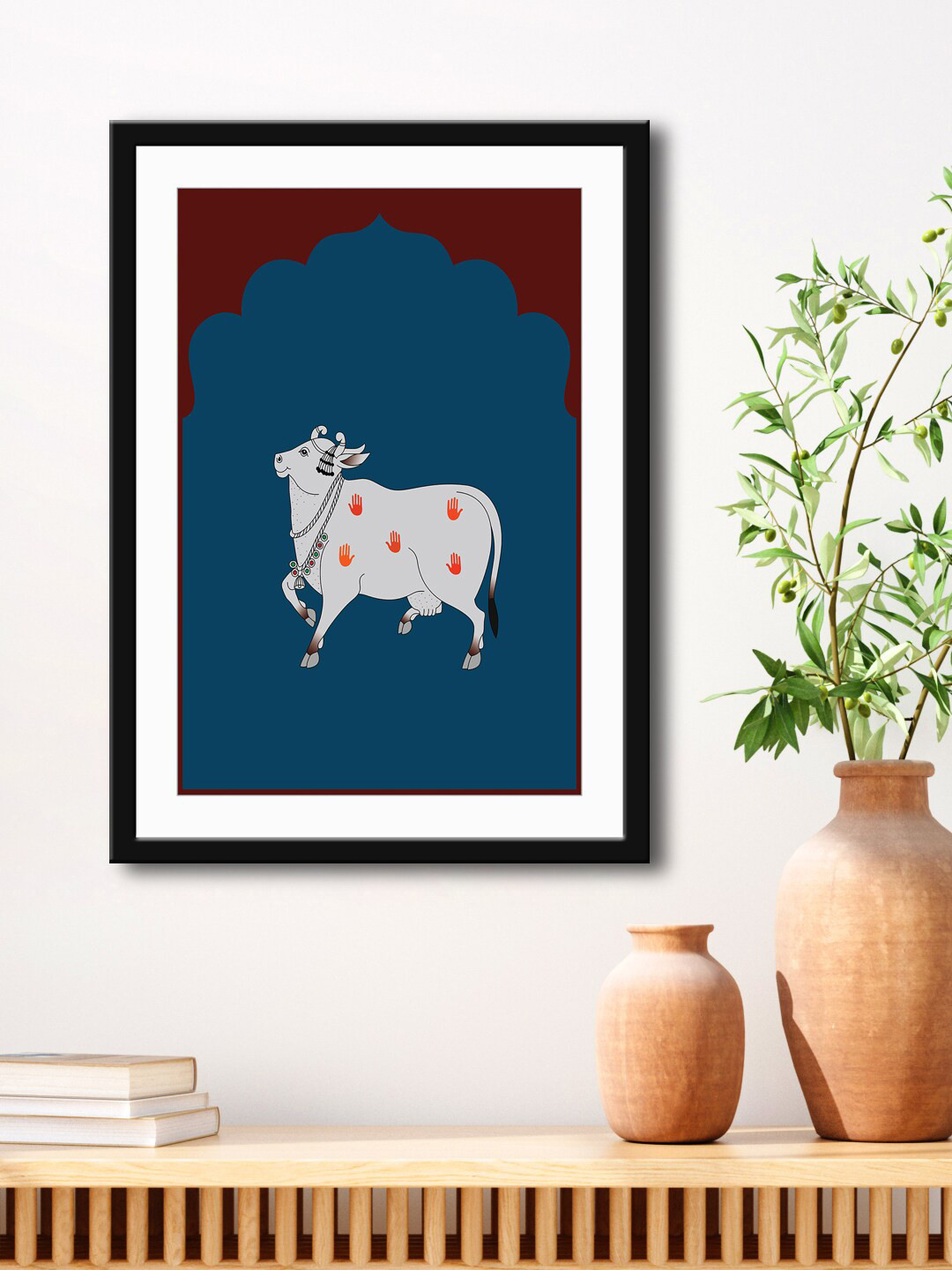 999Store Blue & Maroon Nandi Cow HD Printed Framed Wall Art