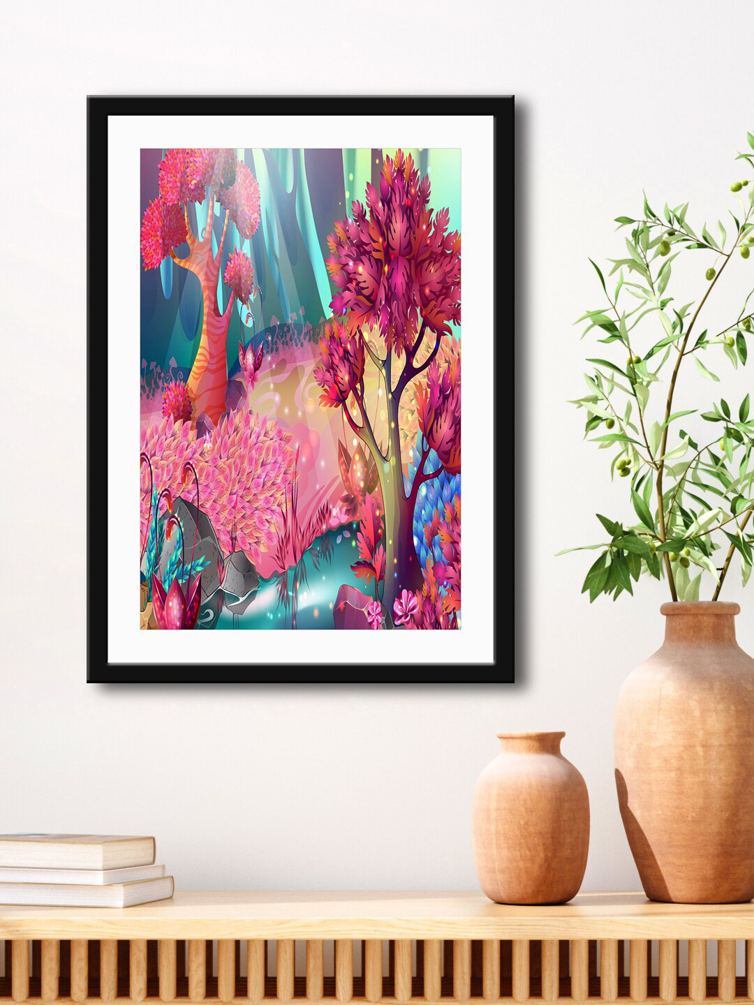 999Store Pink & Blue Tree & Leaves Framed Printed Paper Painting