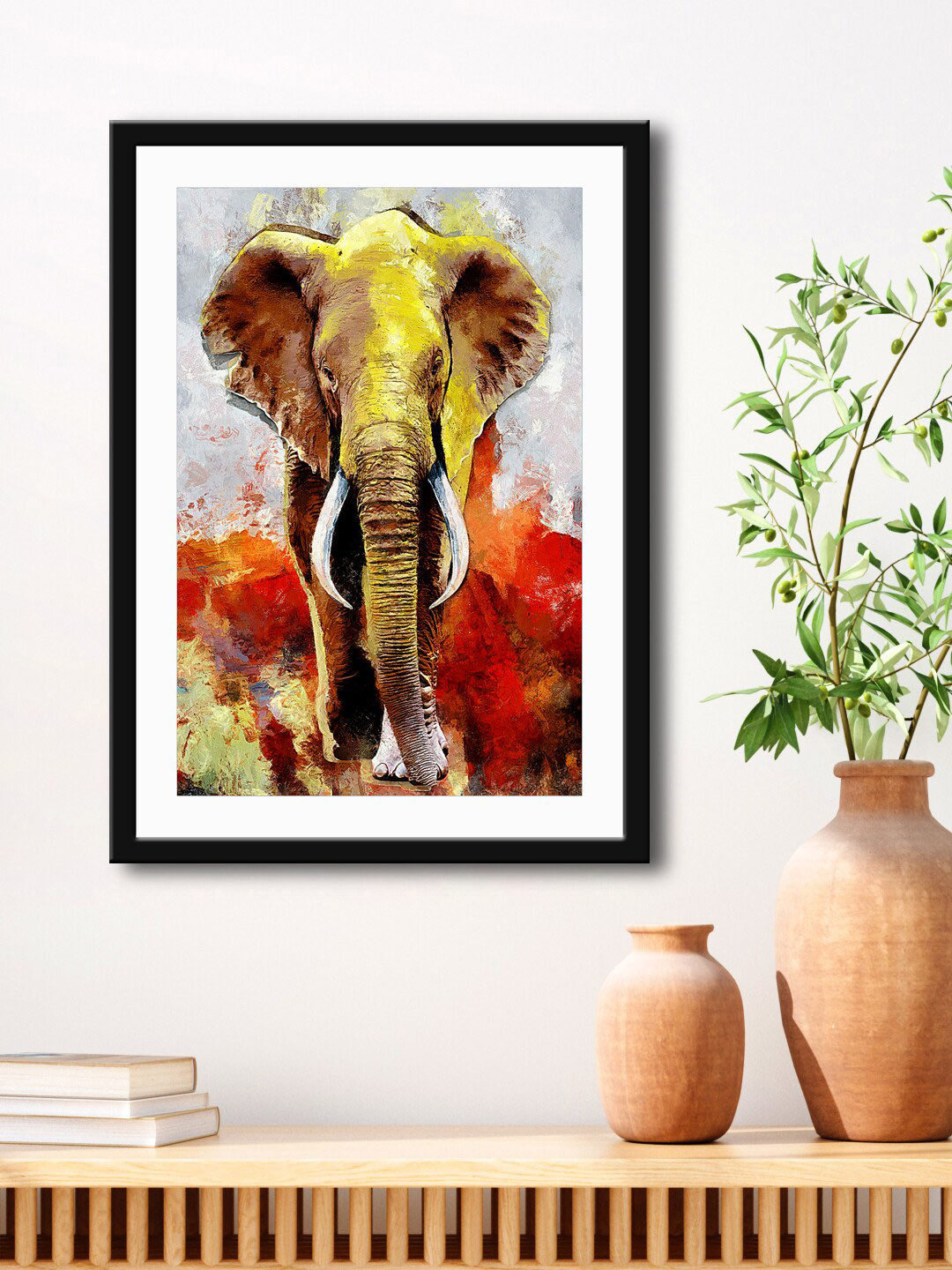 999Store Yellow & Red Abstract Elephant Painting Printed Framed Wall Art