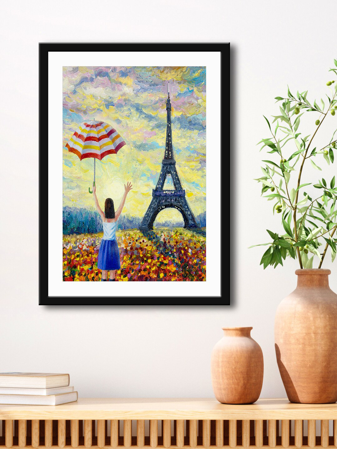 999Store Blue & Yellow Eiffel Tower With Lady Printed Painting Wall Art