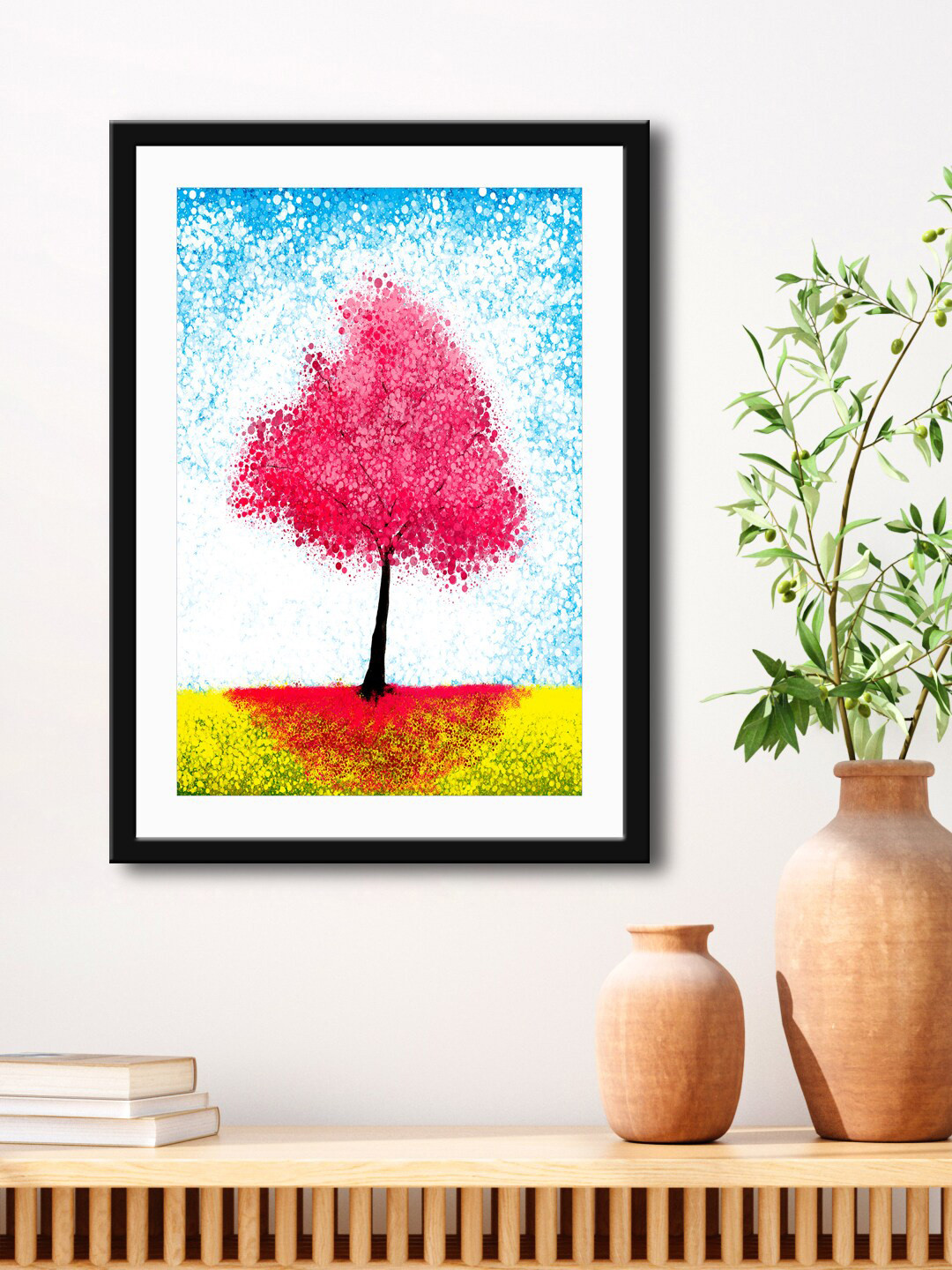 999Store White & Blue Red Tree Framed Printed Paper Painting