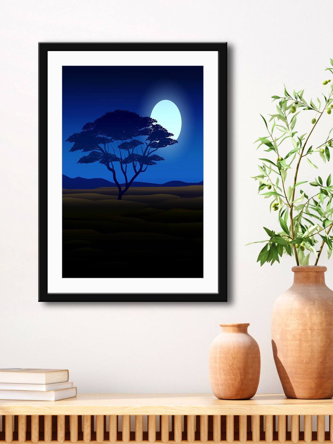 999Store Blue & Black Moon Light With Tree HD Printed Framed Wall Art