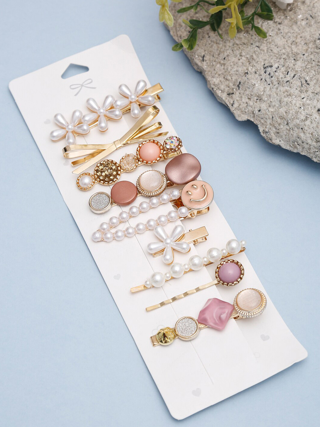 YouBella Women Set of 9 Gold-Toned & Pink Hair Accessory