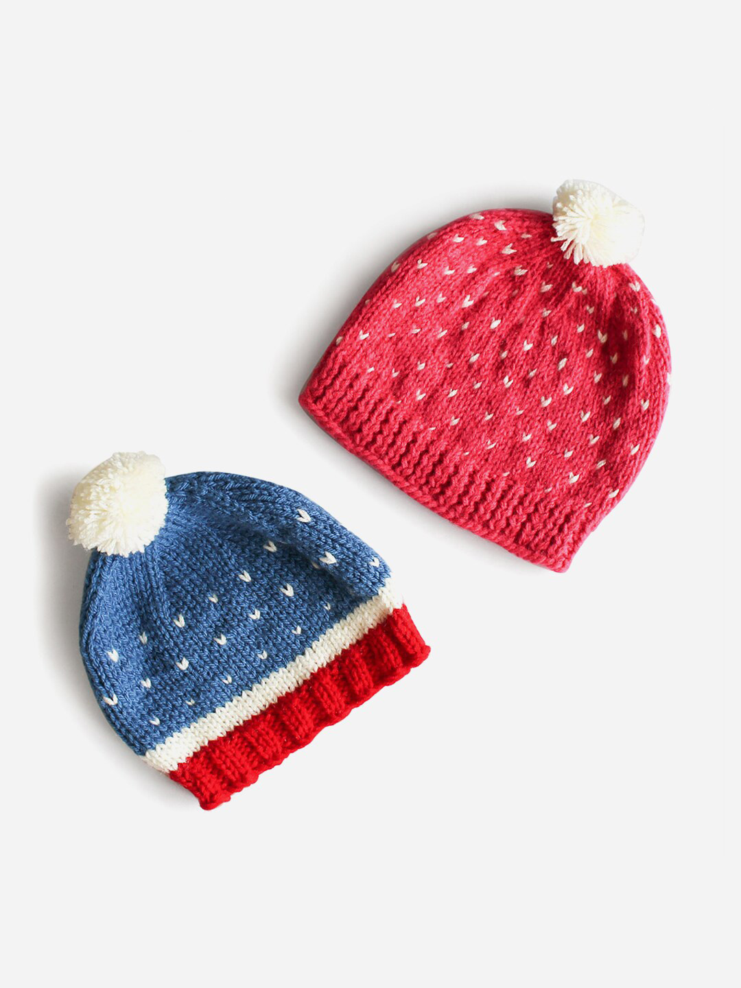 Woonie Unisex Kids Pack of 2  Pink & Blue Printed Beanie