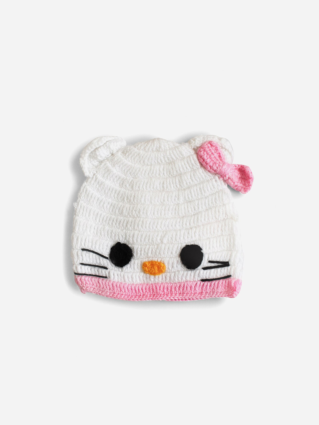 Woonie Kids White & Pink Kitty Embroidered Acrylic Handmade Beanie