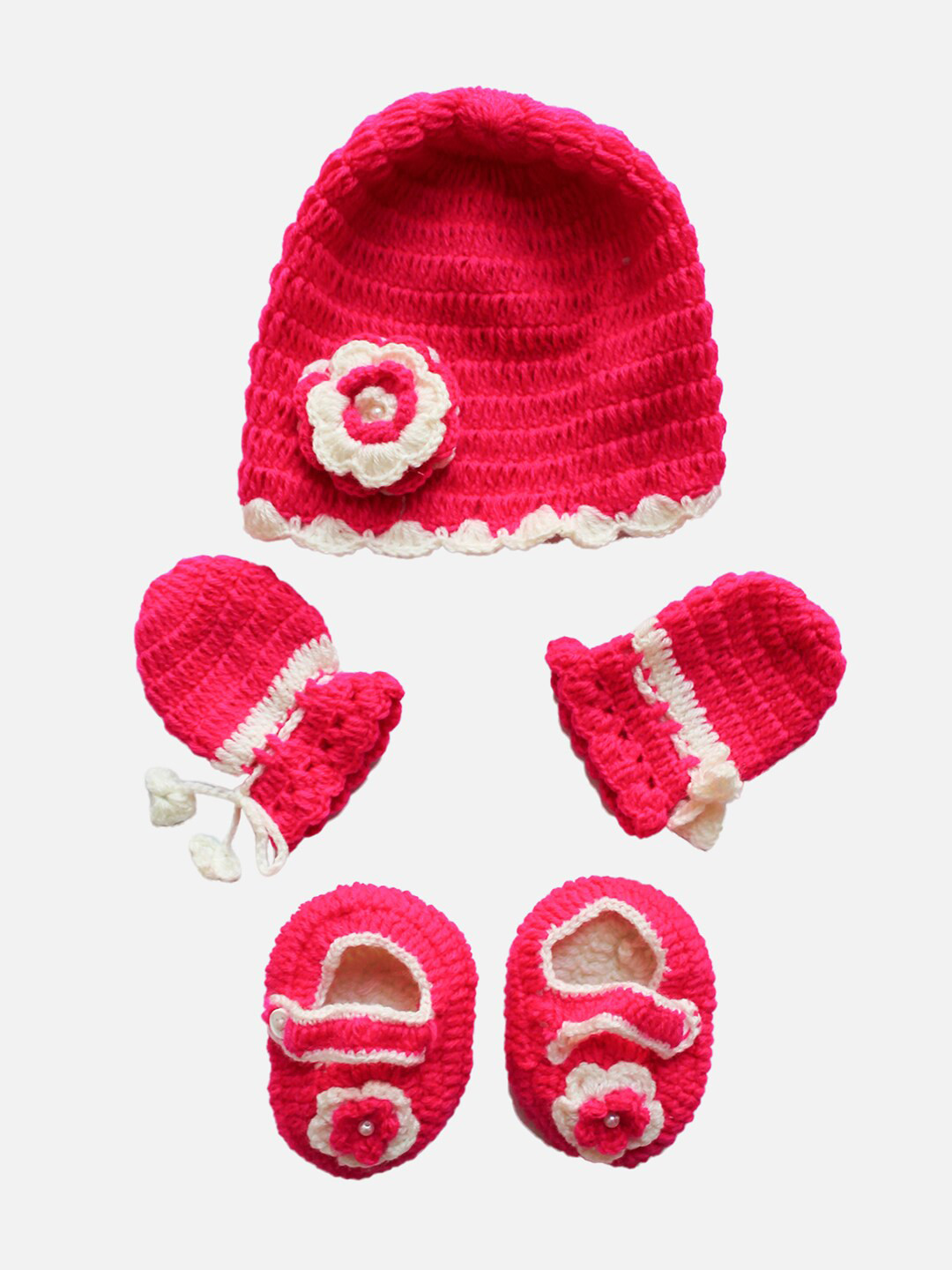 Woonie Unisex Kids Handmade Magenta Cap, Mittens and Booties Set