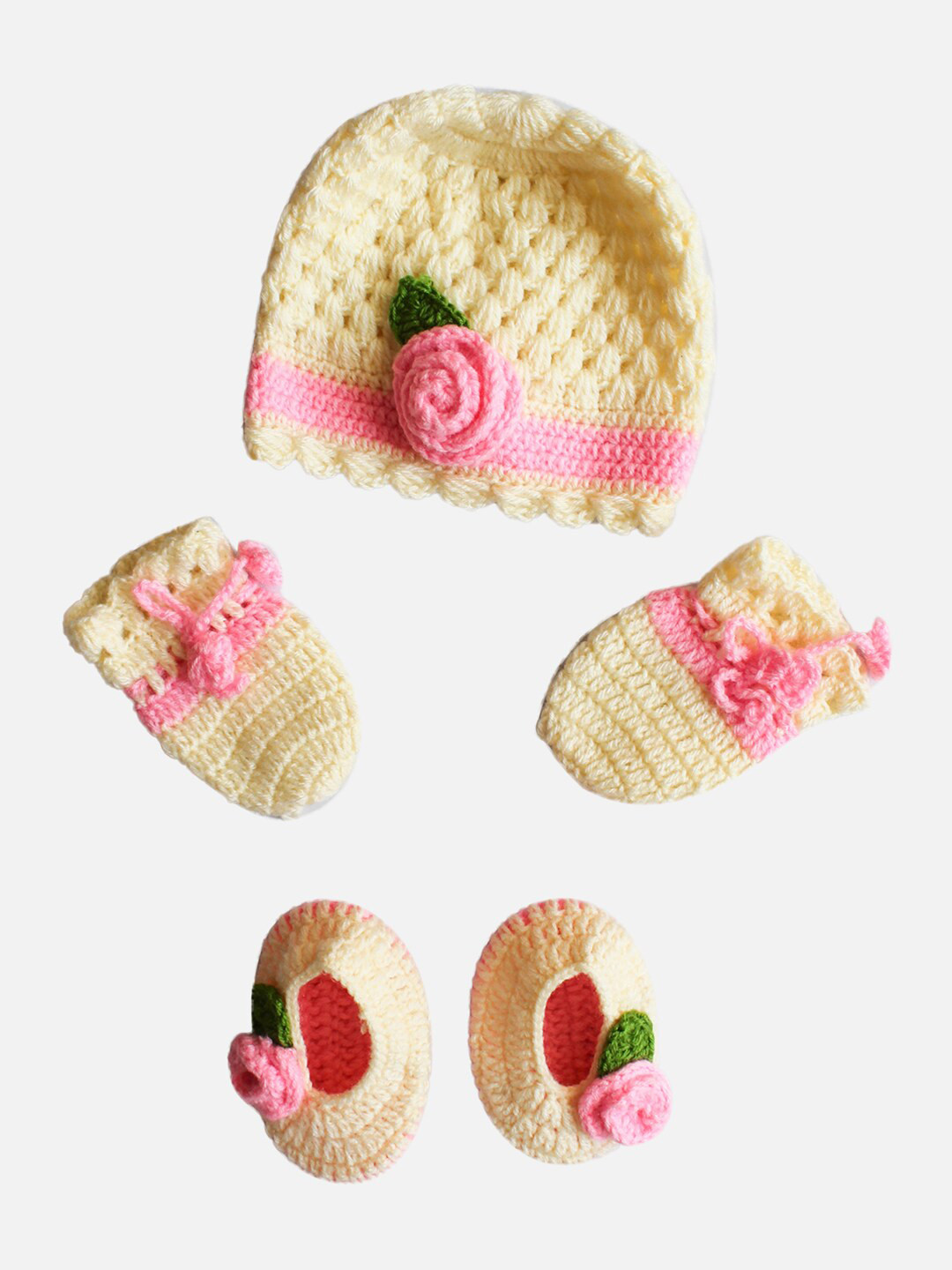 Woonie Infant Kids Cream-Coloured & Pink Beanie With Mittens & Booties