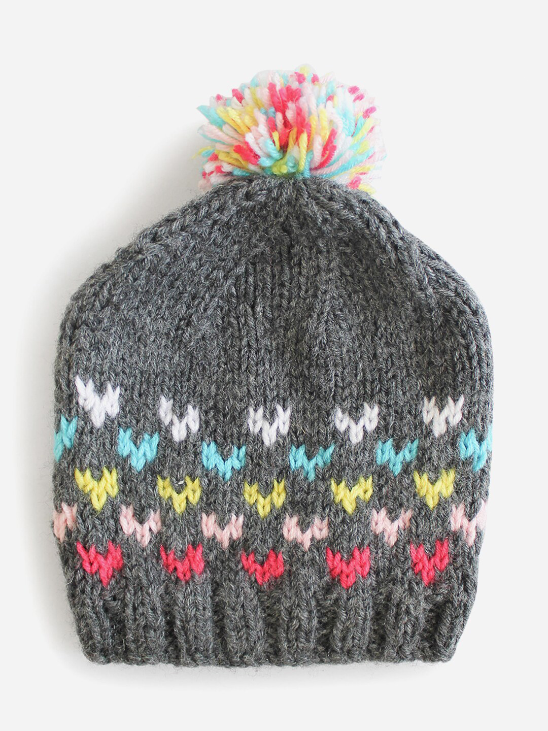 Woonie Kids Grey & White Self Design Acrylic Handmade Beanie
