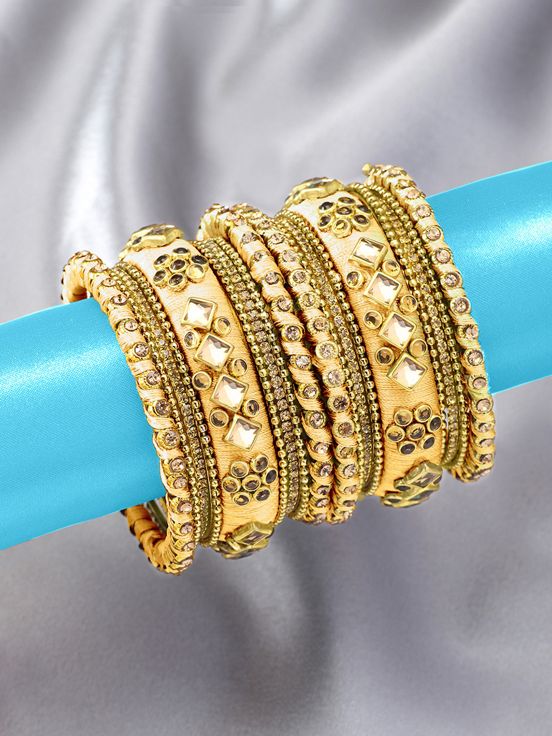 Peora Women Gold-Plated Silk Thread Stone Studded Chuda Bangle Set