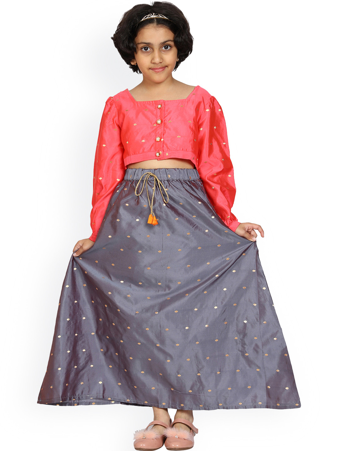 KiddoPanti Girls Pink & Grey Embellished Ready to Wear Lehenga Choli