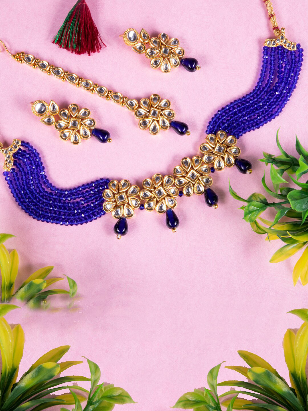 ANIKAS CREATION Gold-Plated Blue Kundan Studded Blue Beaded Jewellery Set