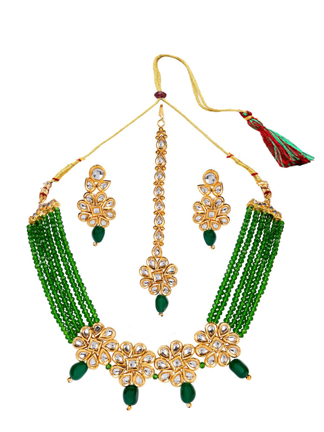 ANIKAS CREATION Green & White-Toned & Gold-Plated tudded Necklace Earrings & Maang Tikka
