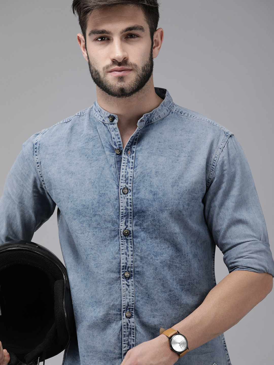 The Roadster Lifestyle Co Men Blue Solid Regular Fit Mandarin-Collar Denim Casual Shirt