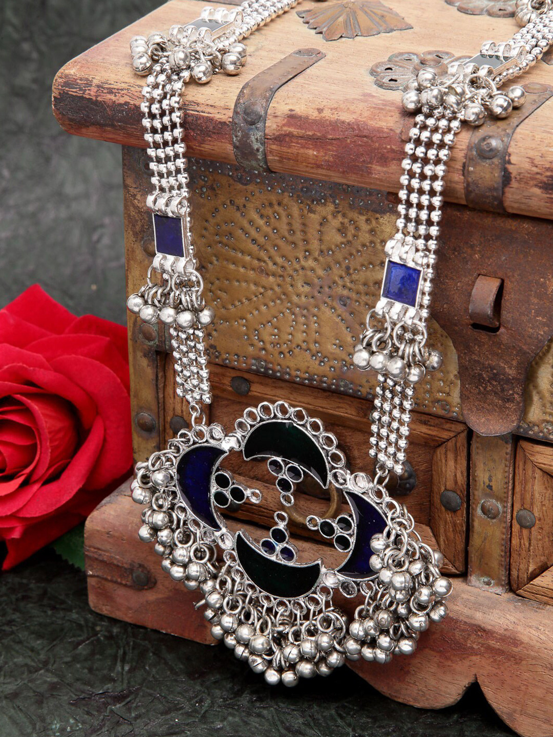 Moedbuille Silver-Plated & Blue Brass Meenakari Necklace