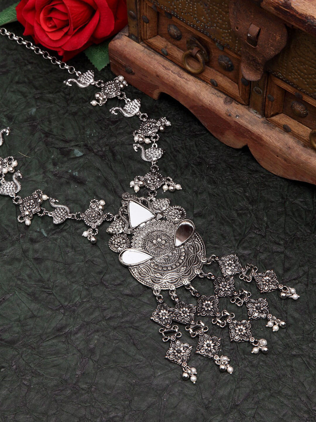 Moedbuille Women Silver Mirror Studded Filigree Work Oxidised Tasselled Necklace