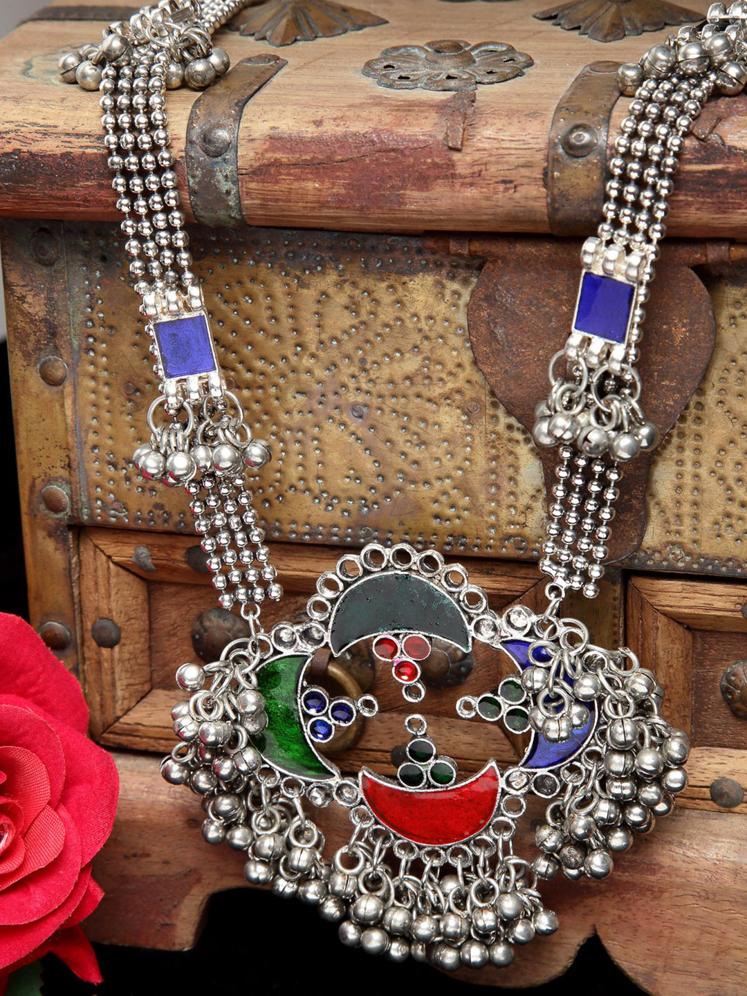 Moedbuille Women Silver & Blue Meenakari Afghan Design Oxidised Necklace