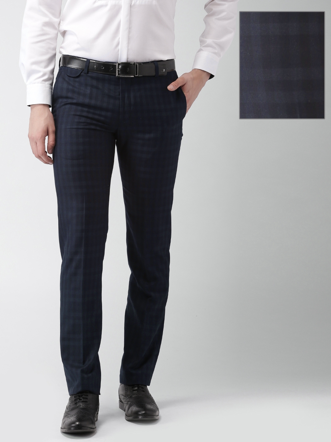 Checked Slim Fit Flat-Front Formal Trousers