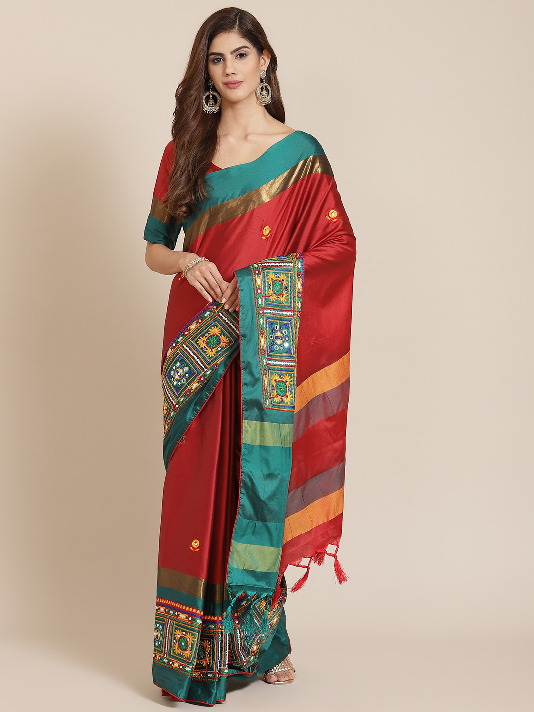 SERONA FABRICS Red & Green Colourblocked Mirror Work Silk Cotton Ready to Wear Saree
