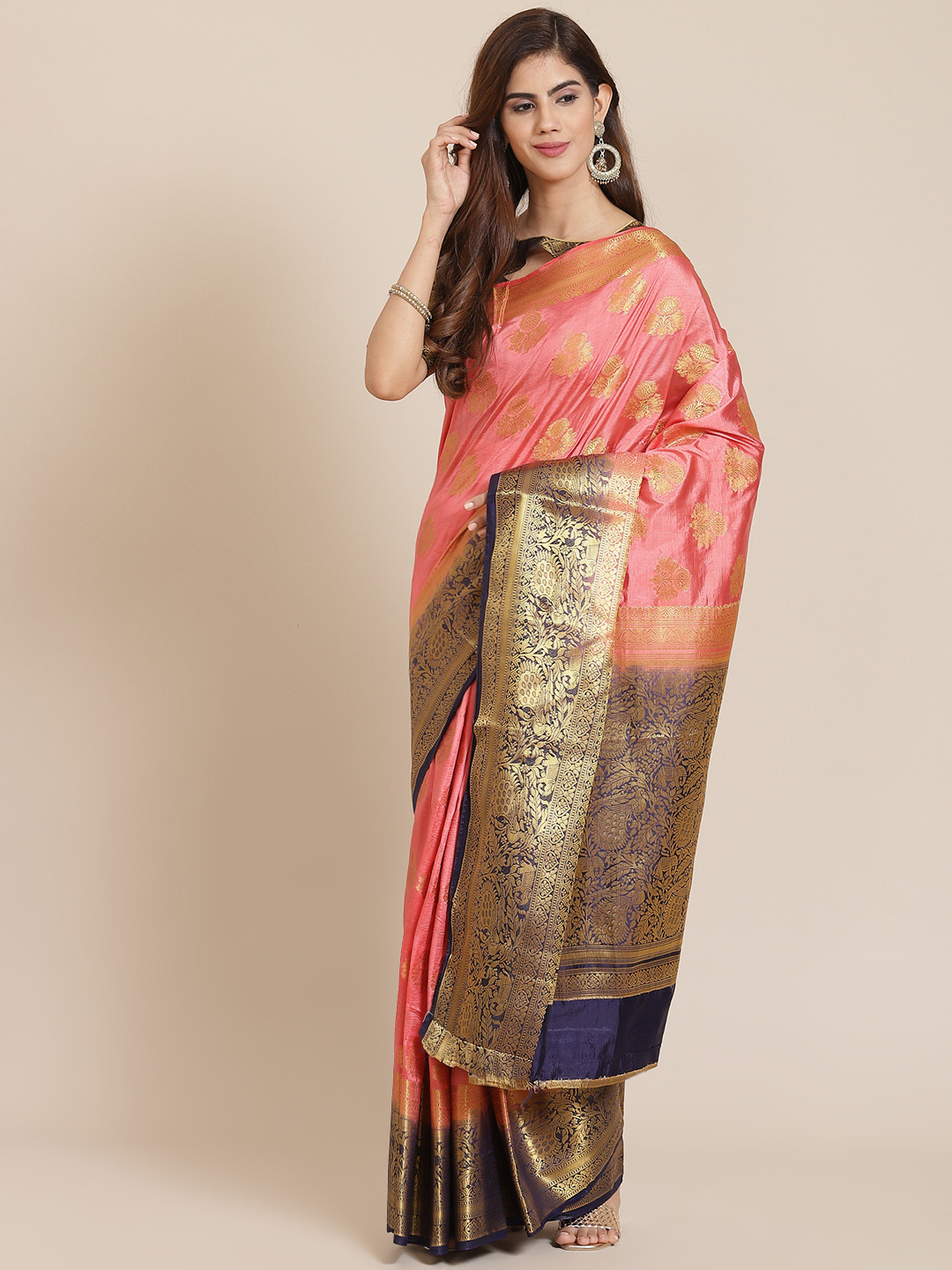 SERONA FABRICS Pink Ethnic Motifs Zari Silk Blend Banarasi Saree