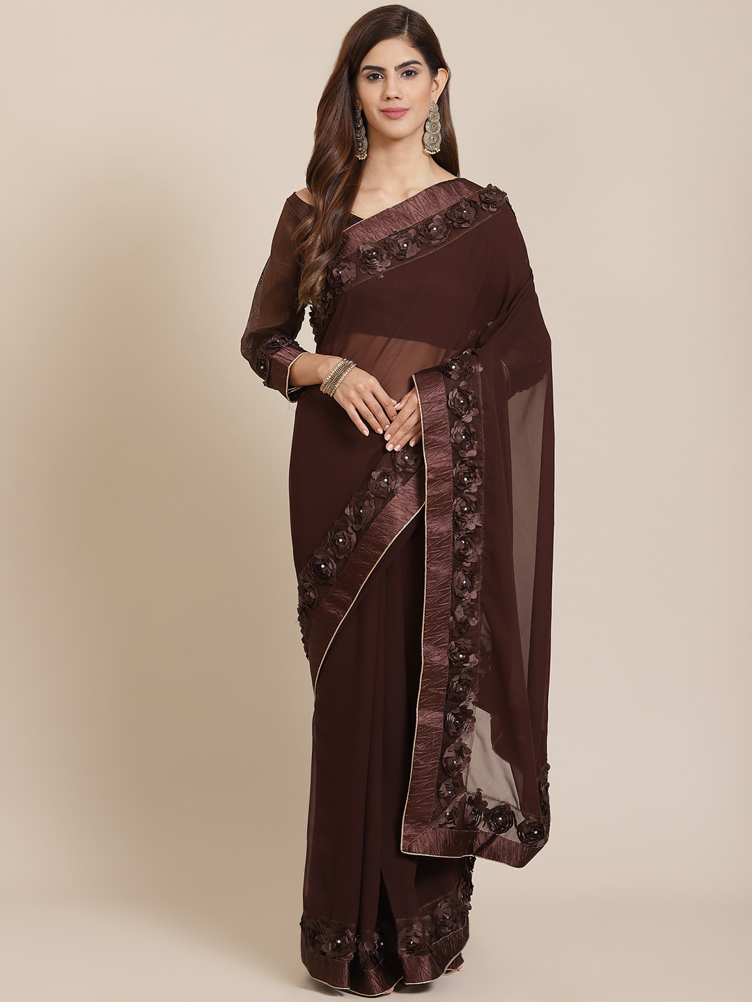 SERONA FABRICS Brown Floral Embellished Pure Georgette Saree