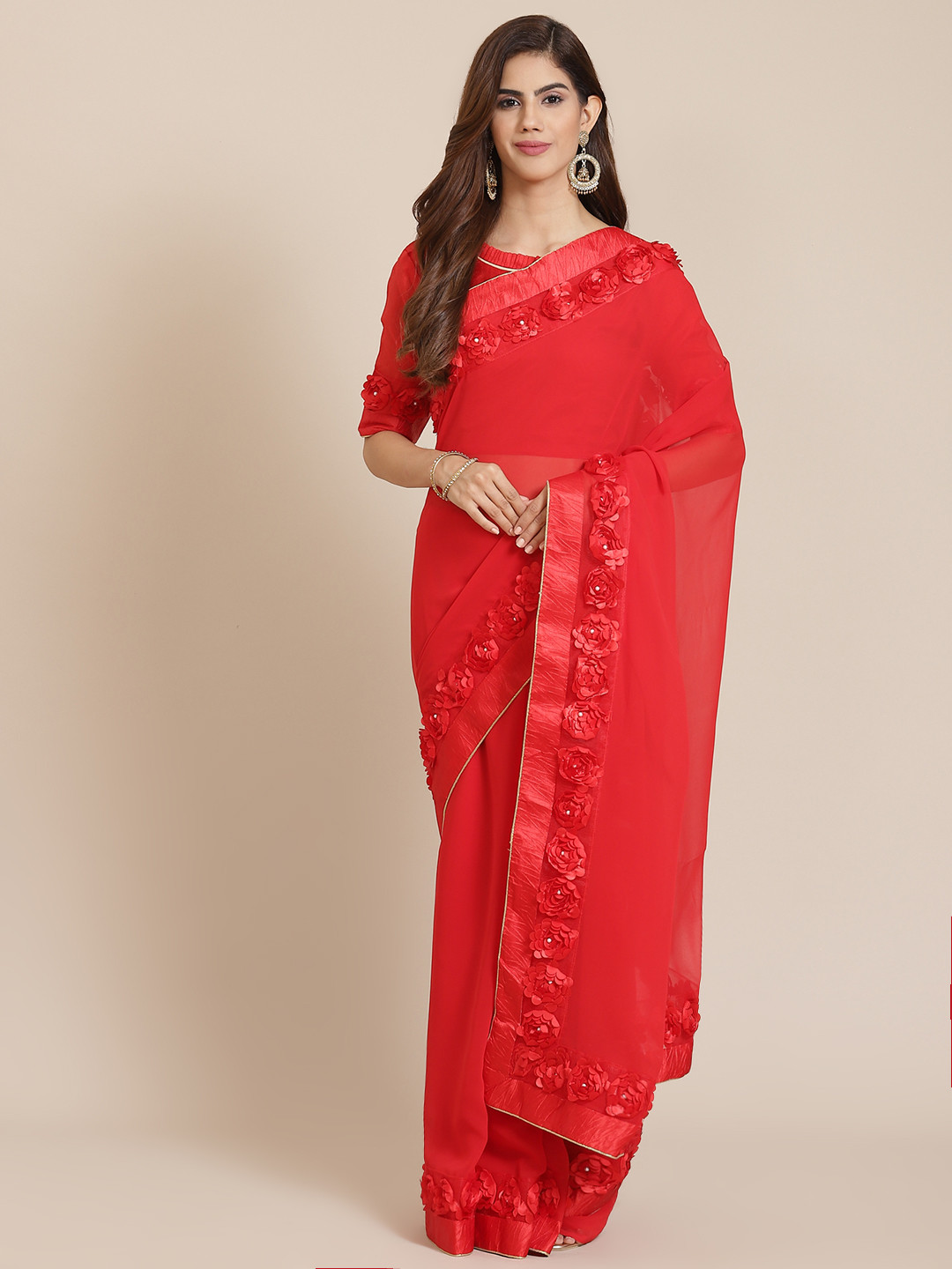 SERONA FABRICS Red Beads and Stones Pure Georgette Ready to Wear Saree