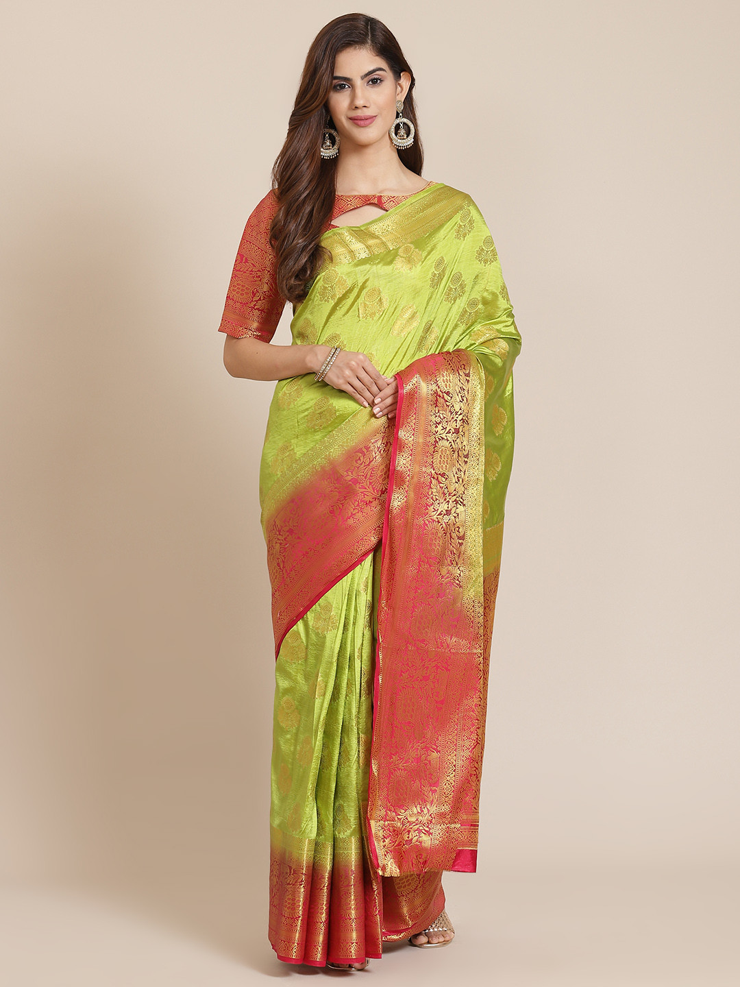 SERONA FABRICS Green Ethnic Motifs Zari Silk Blend Banarasi Saree