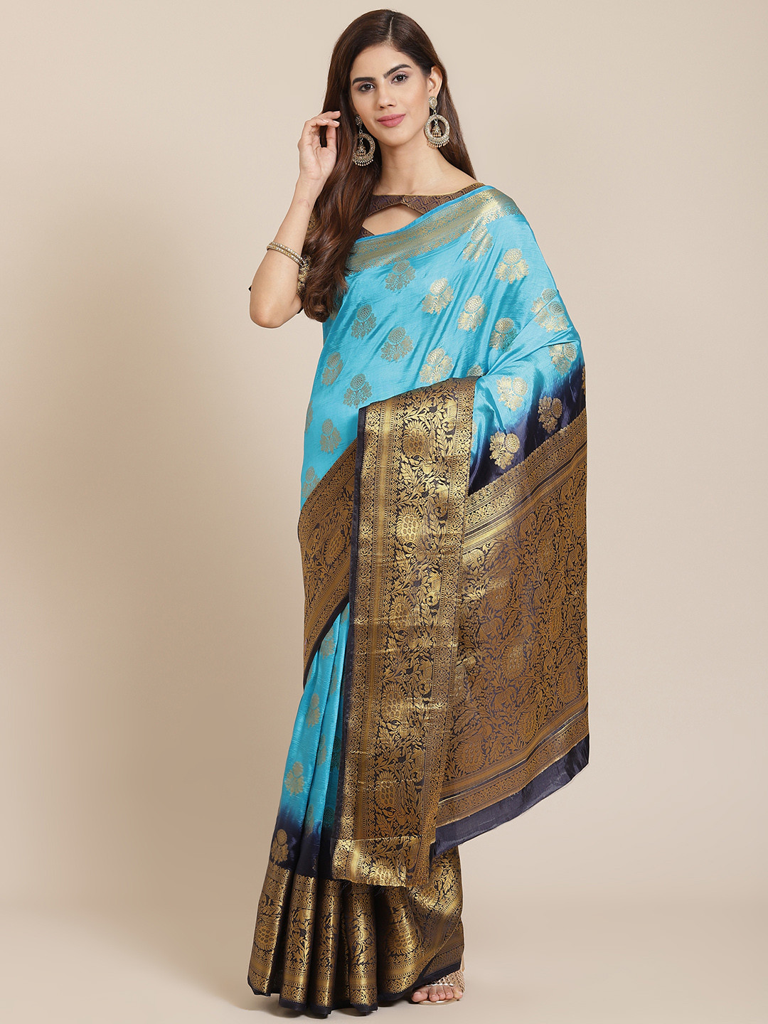 SERONA FABRICS Turquoise Blue Ethnic Motifs Zari Silk Blend Banarasi Saree