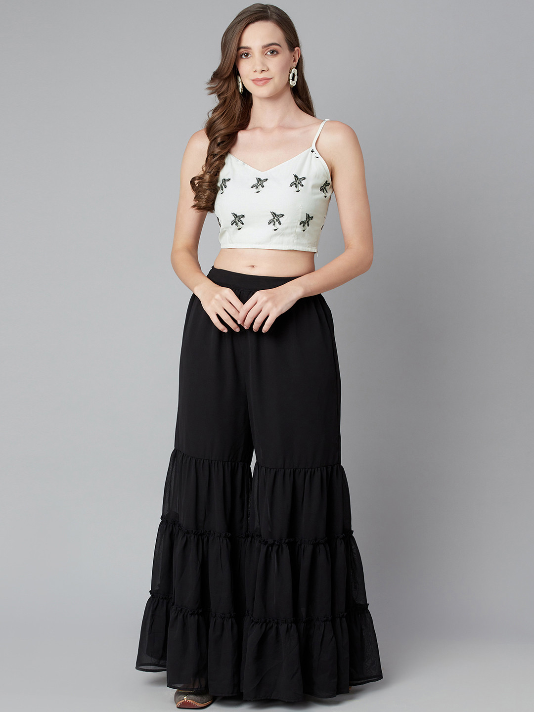 Purple State Women White & Black Crop Top with Sharara
