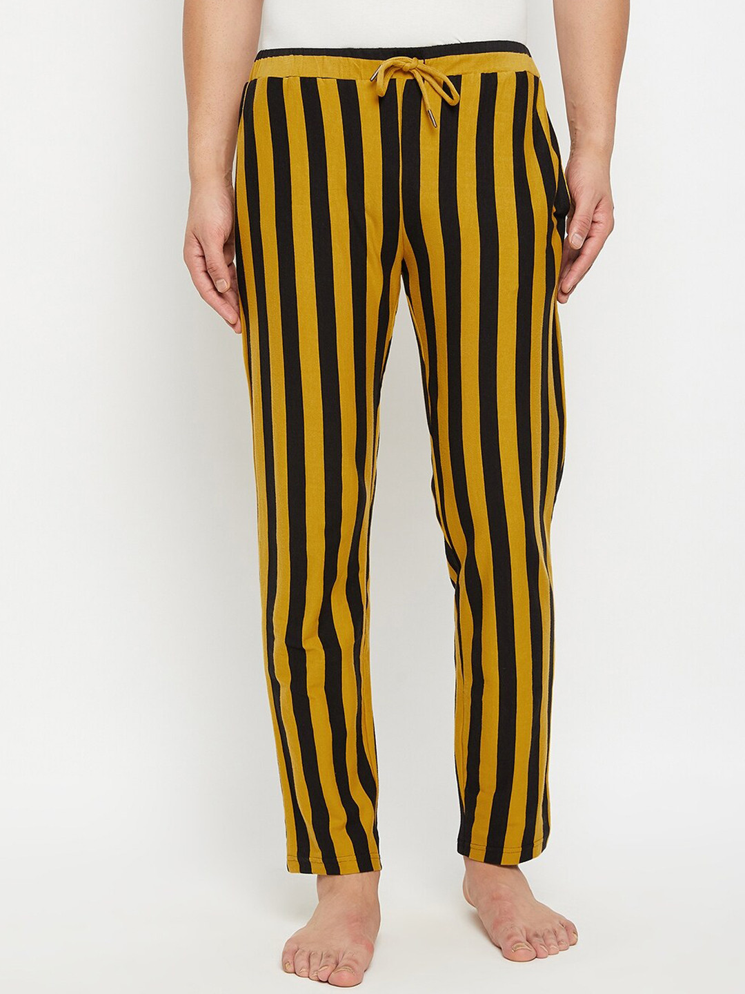 Hypernation Men Yellow and Black Striped Cotton Lounge Pants