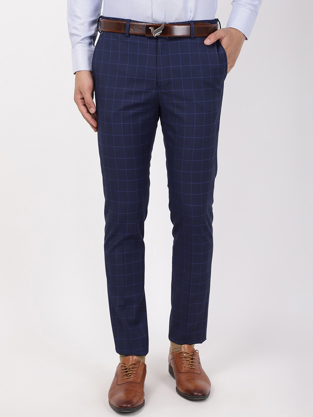 Blackberrys Men Navy Blue Checked Arise Regular Fit Formal Trousers