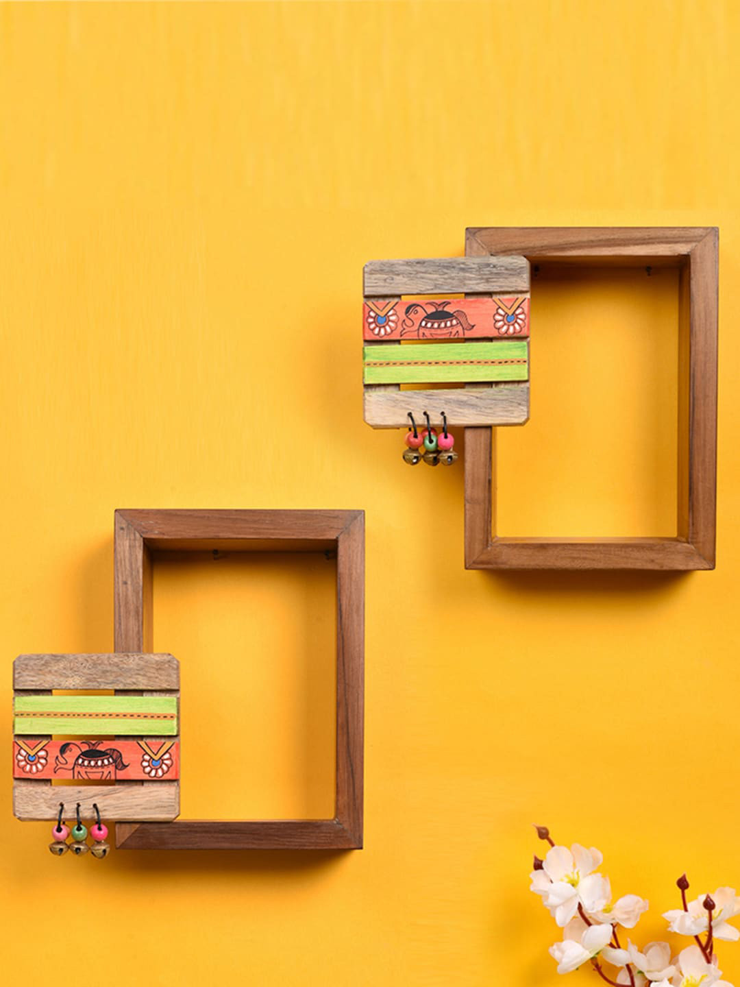 AAKRITI ART CREATIONS Set Of 2 Brown & Green Wood Basic Wall Shelves